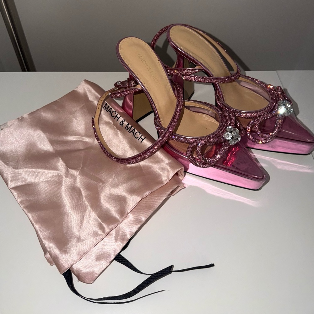MACH & MACH Metalic Pink Double Crystal Bow Platform Pump